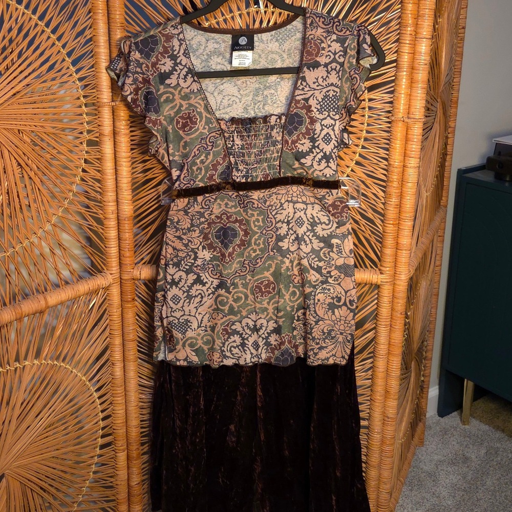 Vtg Y2K Anxiety Women Medium Cap Sleeve Empire Waist Top Brown Damask Brown